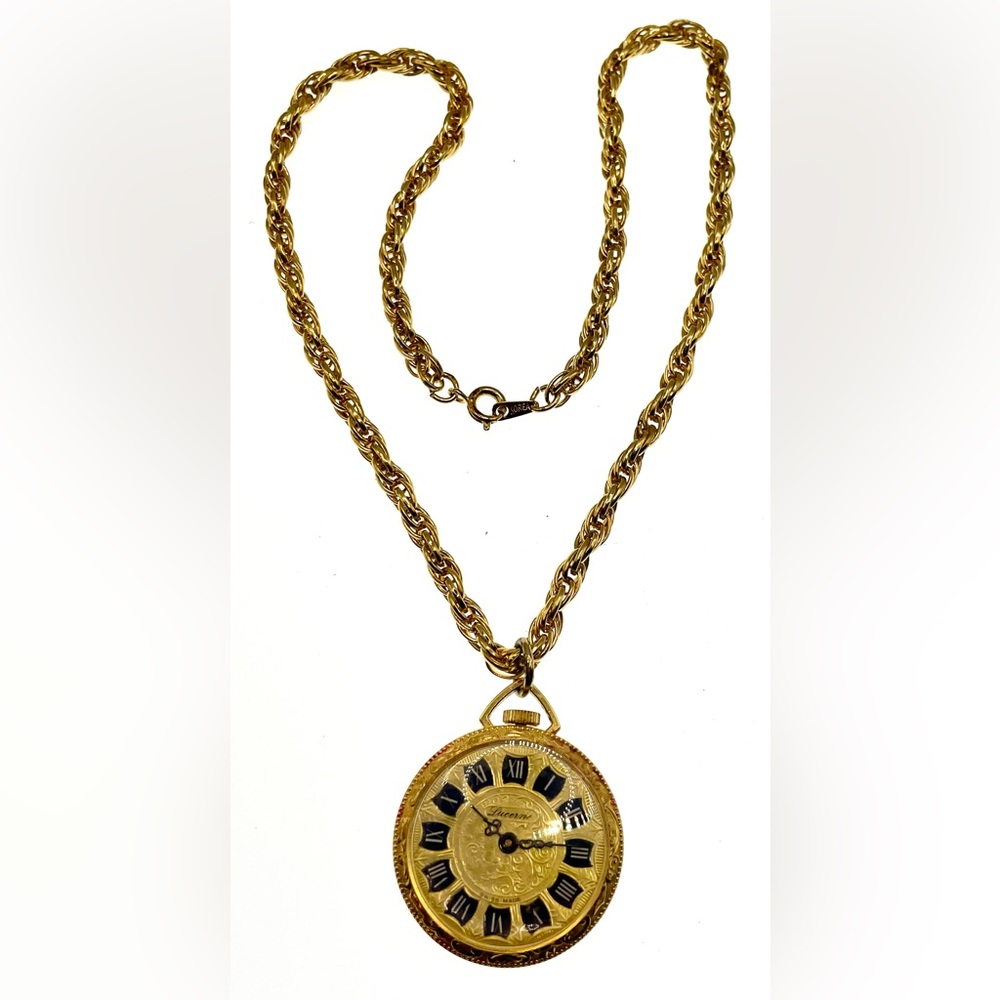 Vintage Lucerne Swiss Made Pendant Watch Necklace Roman Numeral GoldTone Working - Picture 2 of 8
